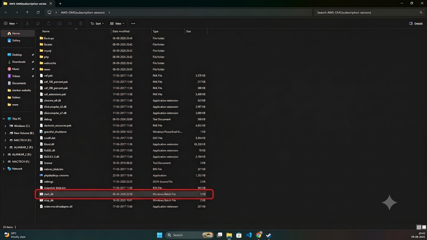 Girvi Management System — start_db file selected in the installation folder, ready to launch