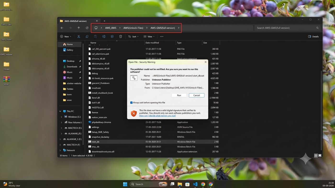 Girvi Management System — Windows security warning prompt for start_db, approved by clicking Run