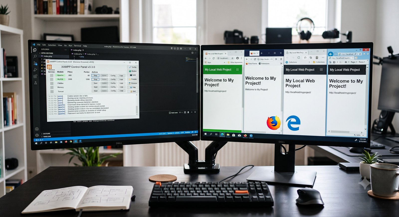 Girvi Management System — PC installation, step 1: installing XAMPP with Apache, MySQL, PHP and phpMyAdmin selected
