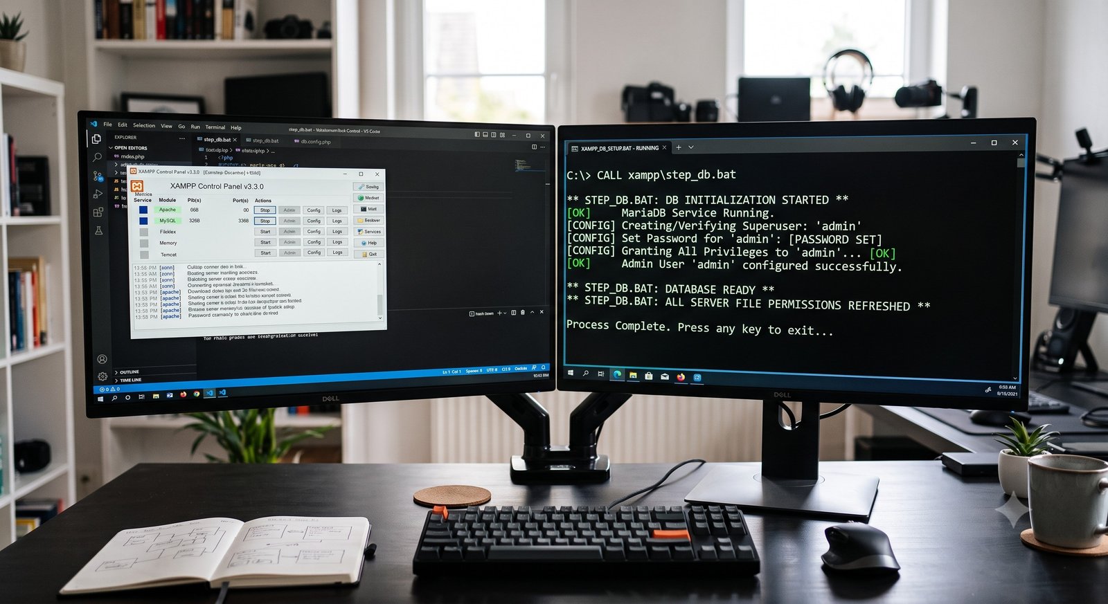 Girvi Management System — PC installation, step 3: starting Apache and MySQL from XAMPP Control Panel run as administrator